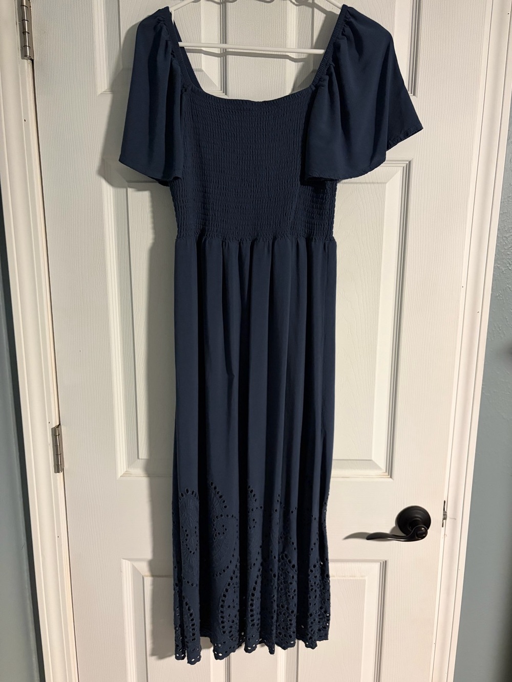 Maurices Navy Smocked Maxi Dress with Eyelet Hem